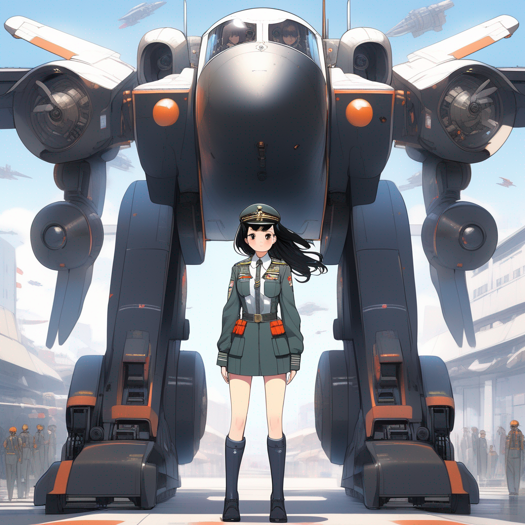 image of anime character in pilot uniform standing in front of large mech